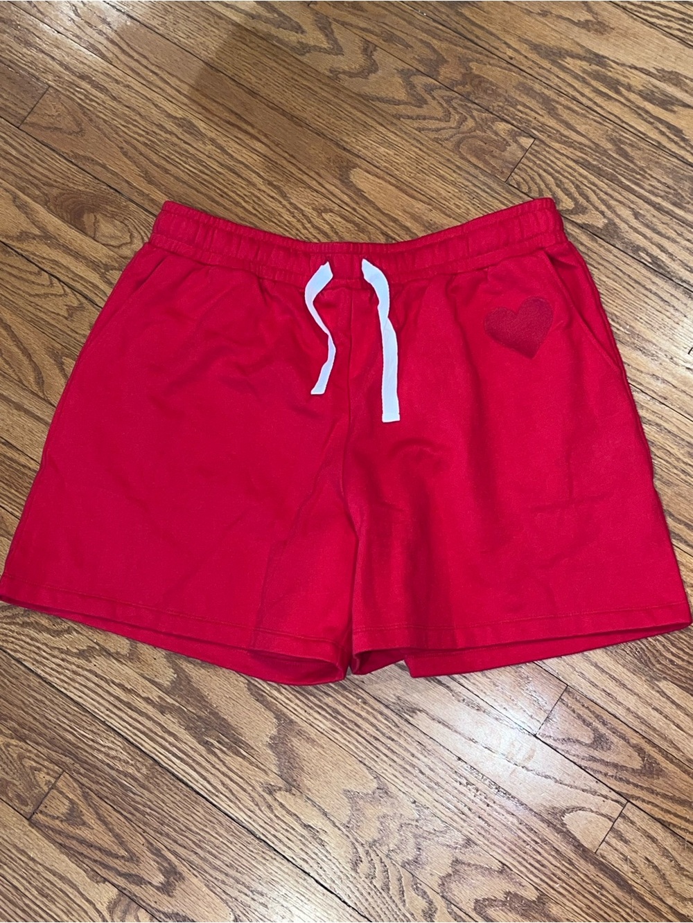 Women's Red Athletic Drawstring Shorts with Embroidered Heart Accent 5” inseam